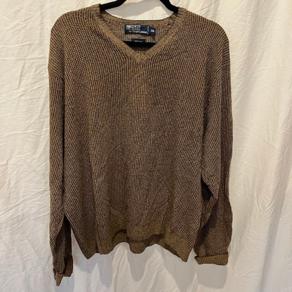 VTG Polo Ralph Lauren V Neck Sweater 100% Silk Mens Sz XXL Tan Preppy